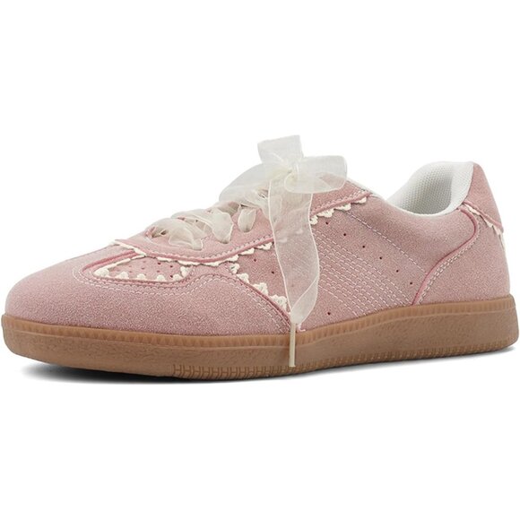 Women's Light Pink Casual Crochet Ribbon Ballet Trendy Spring Sneakers Shoes - Picture 8 of 9